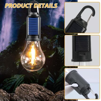 Camping Lamp Solar USB Rechargeable Outdoor Tent Lights Hanging Light Bulbs